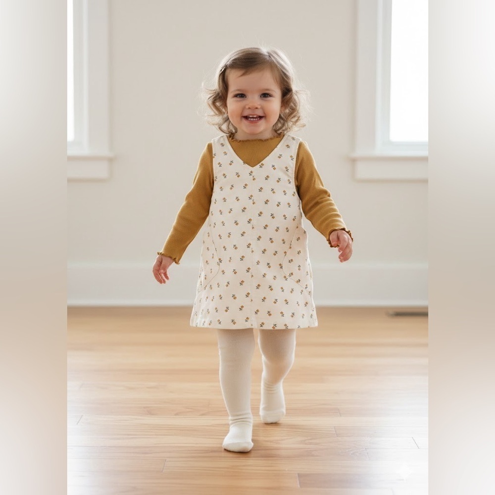 Carter's Cream Floral Dress and Gold Long Sleeve Top Set 3 Piece - Picture 3 of 16